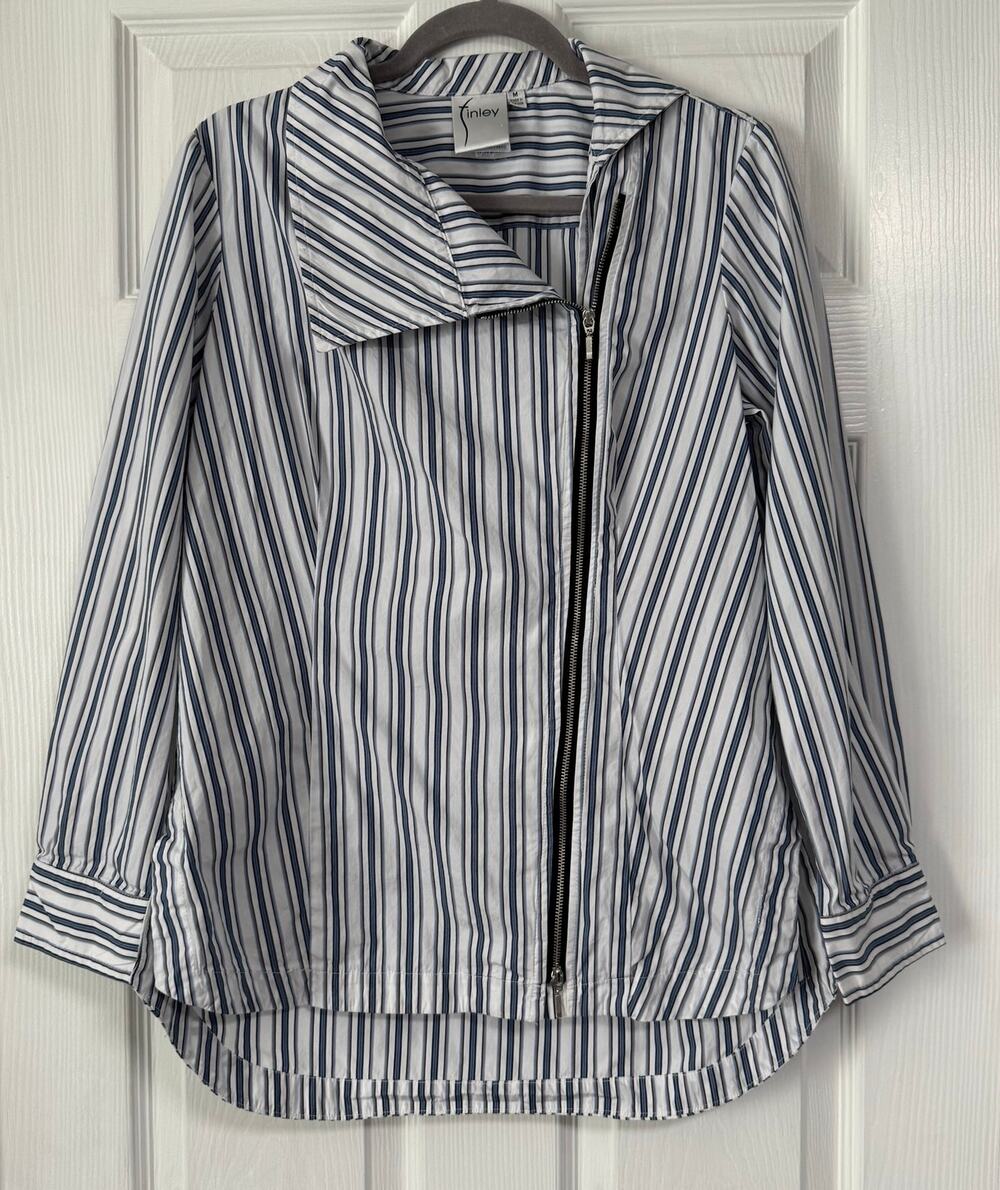 Finley Women's Blue White Striped Zip Up Moto Shirt Jacket Size Medium